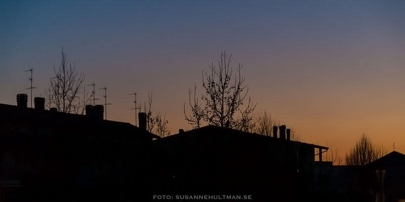 Hussilhuetter i solnedgång
