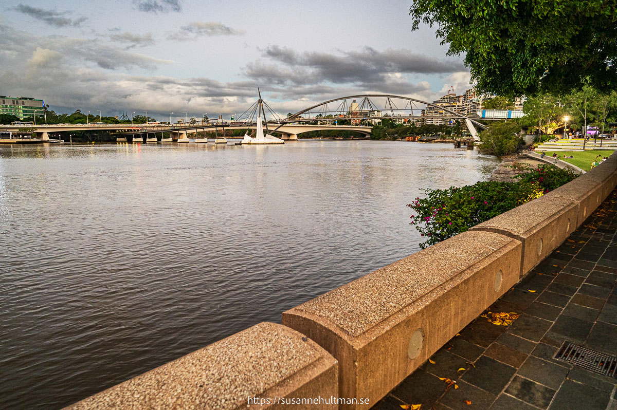 Brisbane River i skymningen med broar i bakgrunden och gångväg i förgrunden.