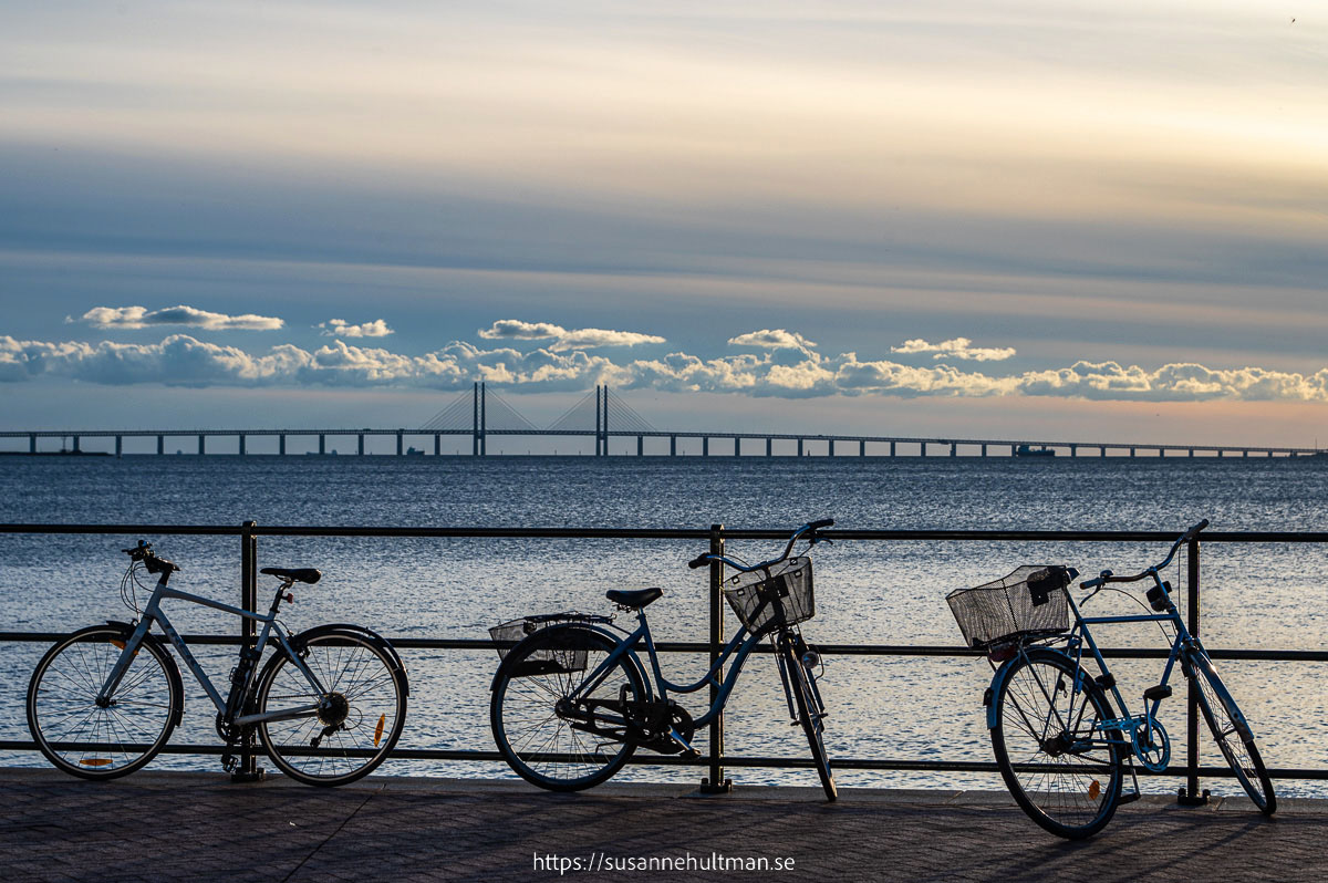 Tre cyklar vid räcke mot vattnet. I bakgrunden Öresundsbron.