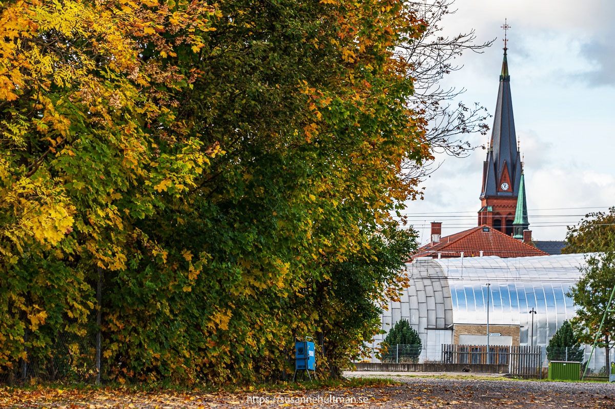 Eslövs kyrka och medborgarhuset med träd i höstfärger till vänster.