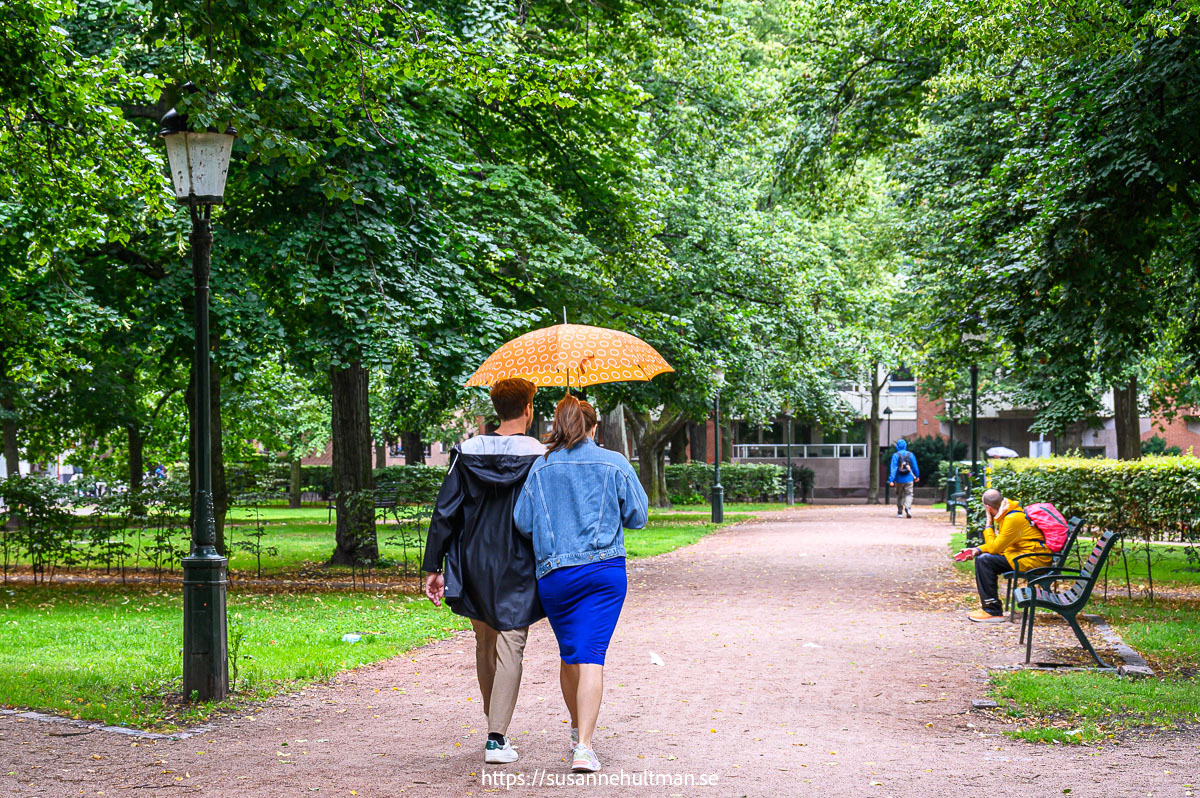 Par under ett orange paraply och som går på en gångväg genom park.